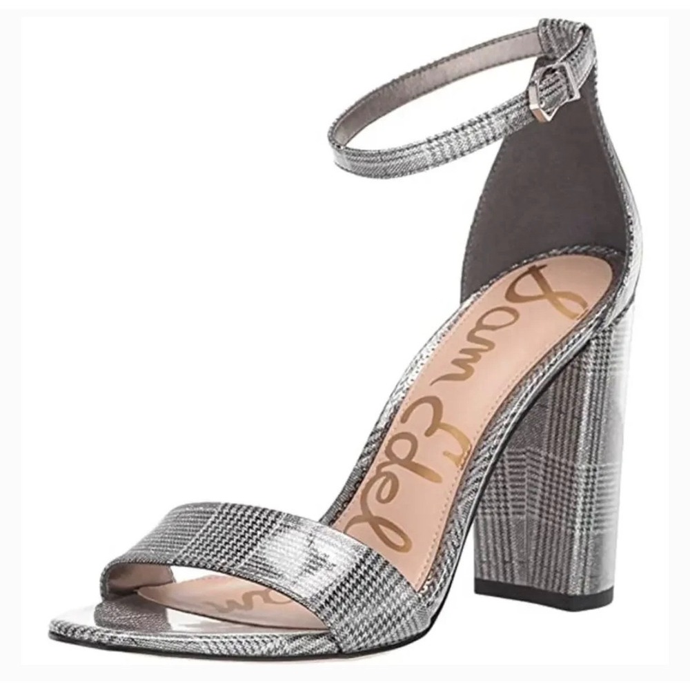 Sam Edelman Yaro Silver Plaid Block Heel Ankle Strap Sandals Size 8 M E8511M1